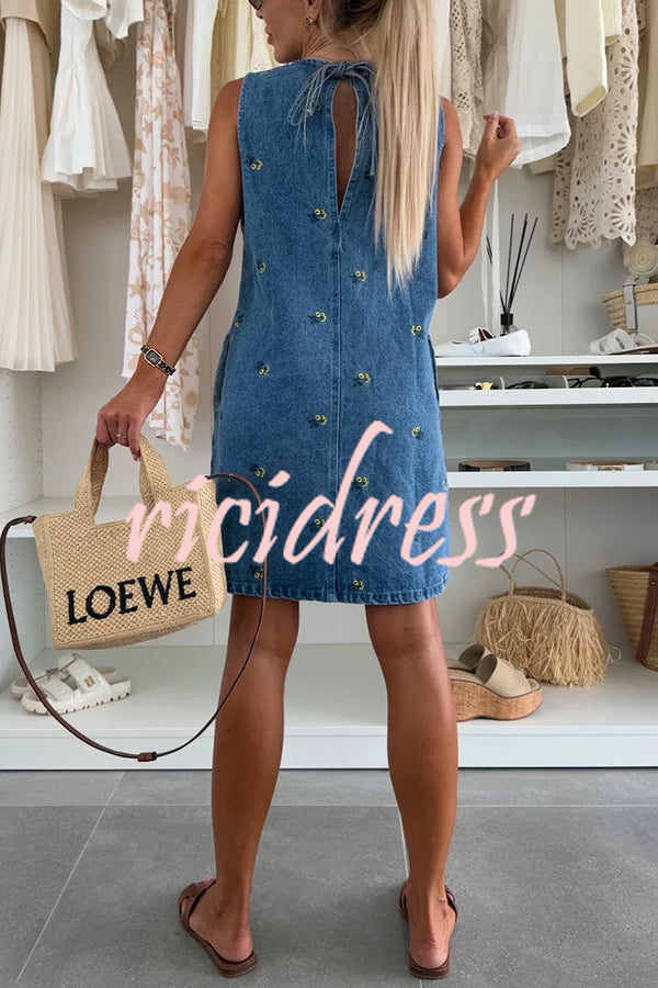 Floral Print Round Neck Sleeveless Loose Denim Mini Dress