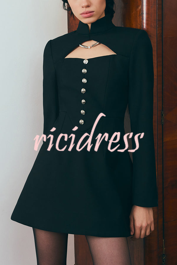 Elegant Long-sleeved Hollowed-out Button-down Slim-fit Mini Dress