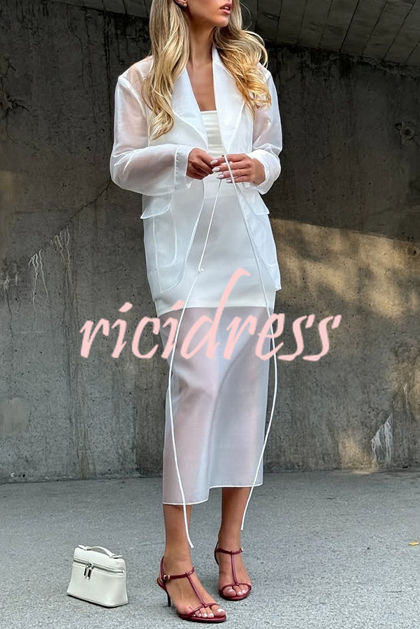 Simple and Light See-through Fabric Tie-up Long Sleeve Pocket Lapel Blazer