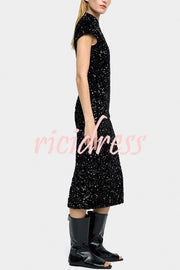 Cheongsam Style Velvet Sequin Stand Neck Short Sleeve Slit Midi Dress
