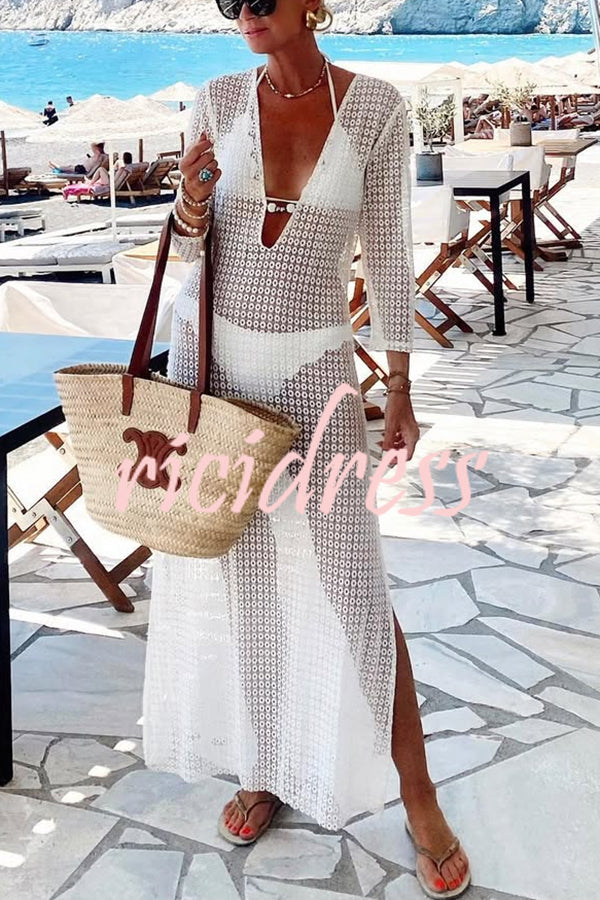 Beach Life Crochet Lace U-neck Half Sleeve Vacation Maxi Dress