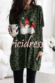 Long Sleeve Pocket Leopard Christmas Print Mini Dress