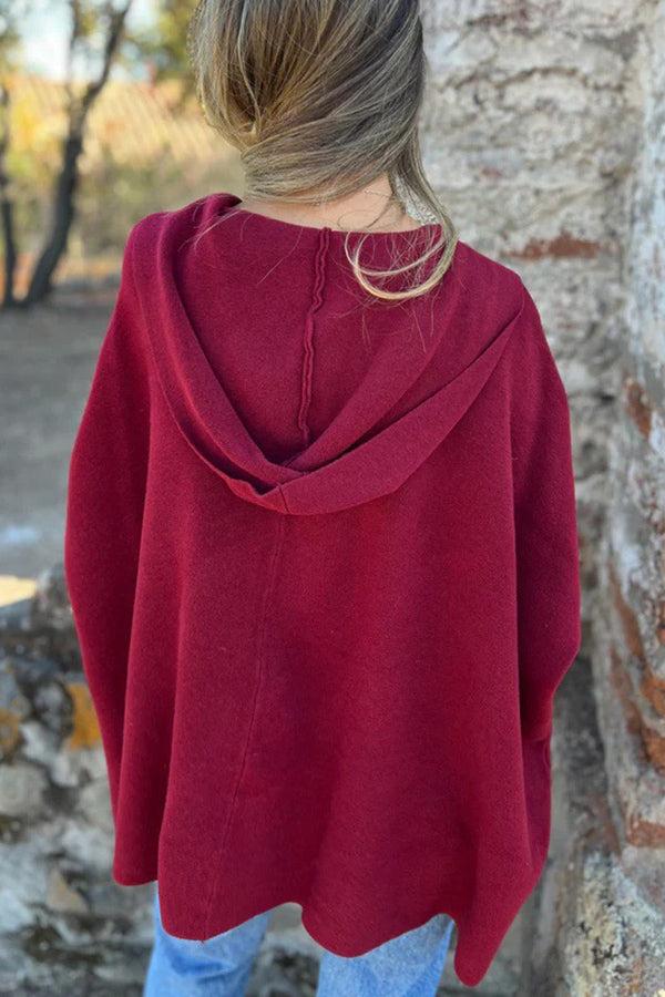 Solid Color Casual Hooded Single Button Pocket Loose Cape Jacket