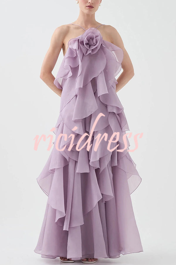 Free - Flowing Rose Detail Tiered Ruffles Halter A-line Maxi Dress