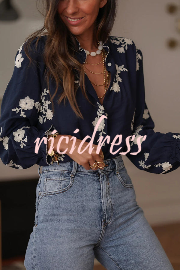 Floral Embroidery Long-Sleeved Button-Up Elegant Shirt