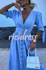 Solid Color V-neck Button-down Denim Midi Dress