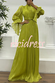 Ellah Shiny Fabric Chinese Stand Collar Twist Waist Balloon Sleeve Maxi Dress