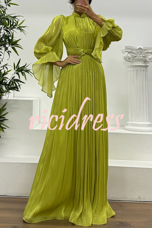 Ellah Shiny Fabric Chinese Stand Collar Twist Waist Balloon Sleeve Maxi Dress