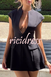 Simple Yet Chic Cap Sleeve V Neck Bubble-shaped Mini Dress