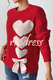 Love Jacquard Loose Cute Bowknitted Long Sleeve Sweater