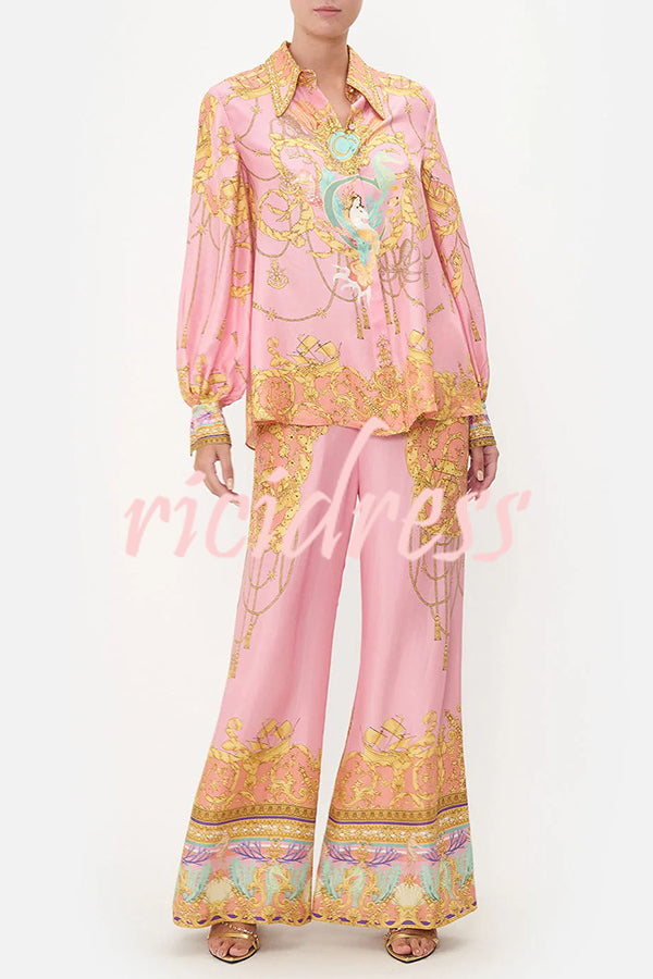 Mermaid Motel Unique Print Long Sleeve Loose Shirt and Elastic Waist Pants Set