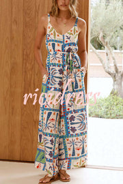 Unique Beach Vacation Print V-neck Suspenders Casual Wide-leg Jumpsuit