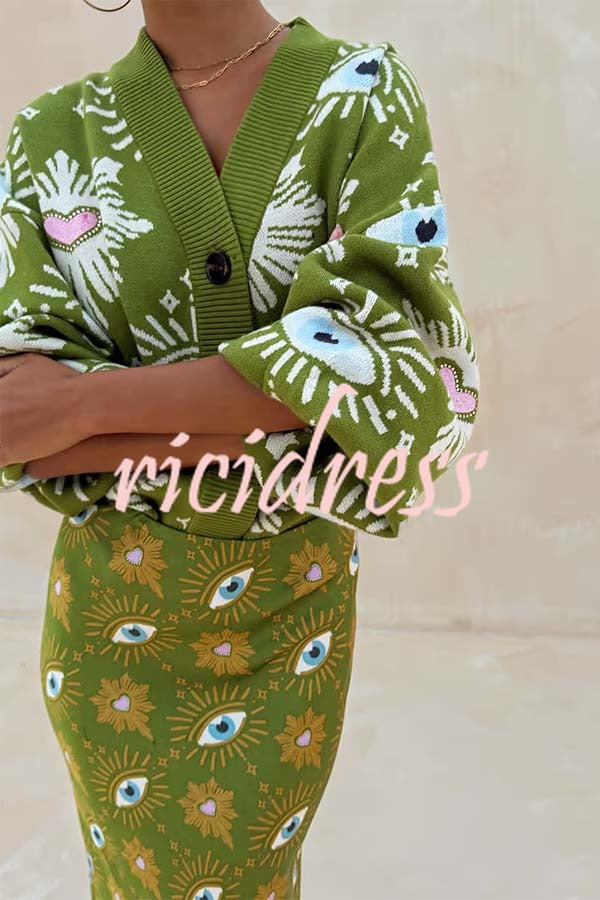 Mysterious Magic Knit Eye Heart Pattern Button Up Long Sleeve Loose Cardigan