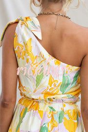 Soleila Floral Print One Shoulder Tie-up Crop Top and Elastic Waist Pocket Loose Pants Set