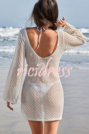 Solid Color Crochet Floral Long Sleeve Knit Hollow Cover-up Mini Dress