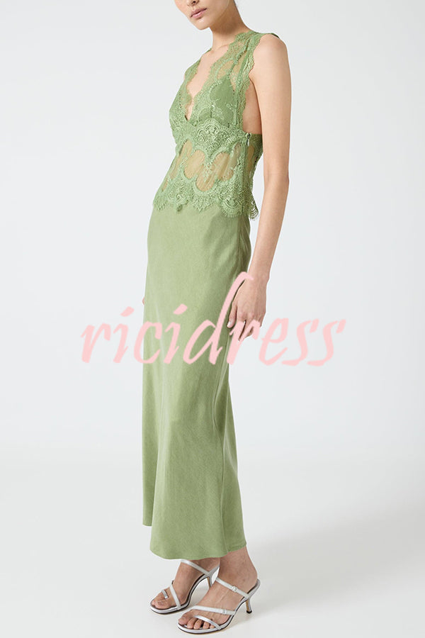 Wonderful Fusion Satin Lace Trim See-through Waist V-neck Drape Maxi Dress