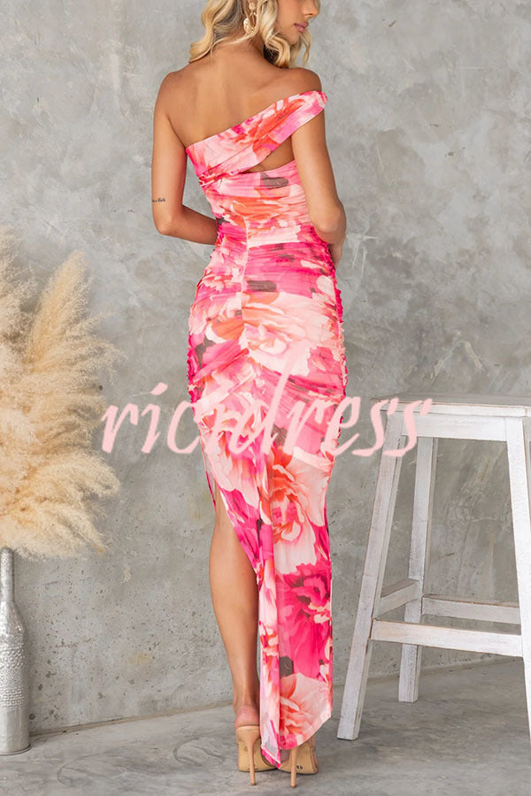 Imposter Mesh Floral Asymmetrical Neck Ruched Stretch Maxi Dress