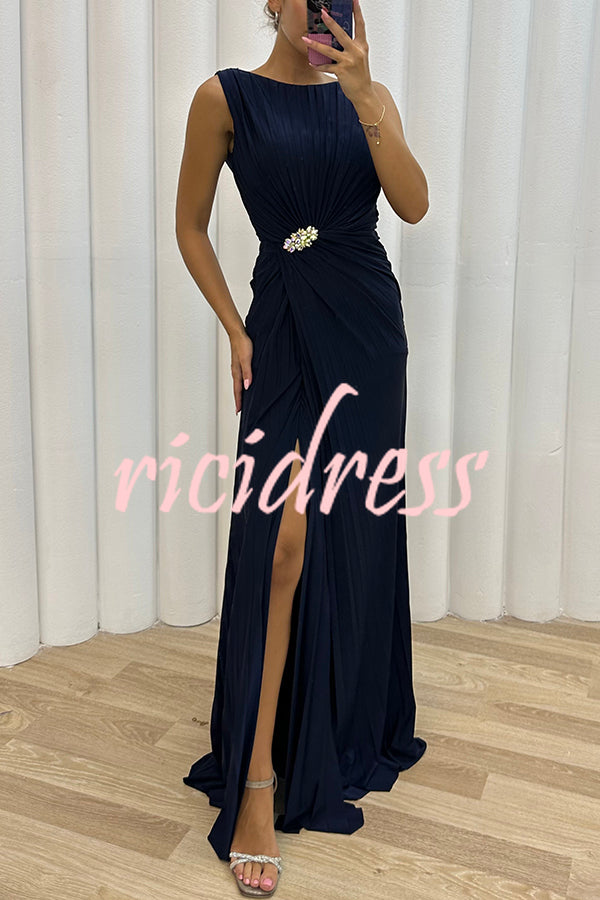 Pretty Special Pleated Embellished Slit Evening Maxi Dress