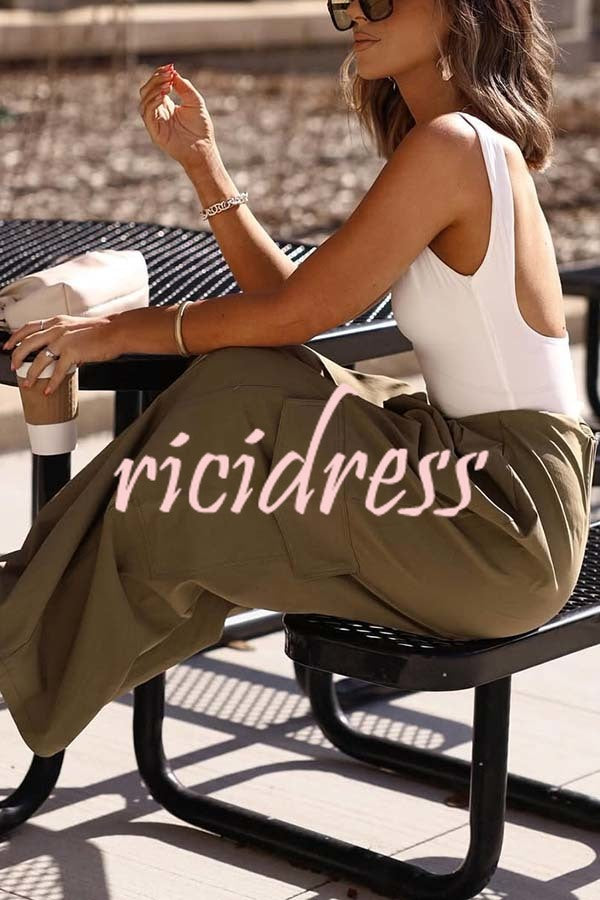 Great Week Pleated Elastic Waist Zipper Pocket Wide Leg Cargo Pants