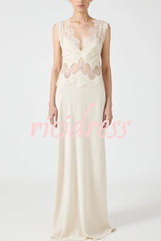 Wonderful Fusion Satin Lace Trim See-through Waist V-neck Drape Maxi Dress