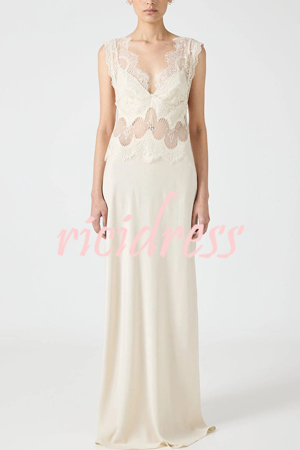 Wonderful Fusion Satin Lace Trim See-through Waist V-neck Drape Maxi Dress
