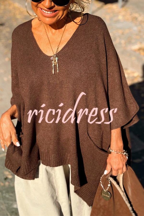 Fashion V-neck Loose Pocket Mid-length Knitted Sweater