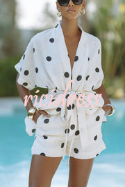 Playful Linen Blend Polka Dot Tie-up Kimono Top and Elastic Waist Pocket Shorts Set