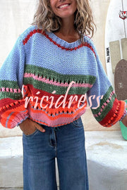 Rainbow Mood Multicolor Round Neck Hollow Long Sleeve Knitted Sweater