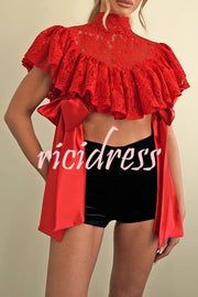 Clarissa Lace High Neck Side Tie-up Cascading Ruffles Cropped Cape Top