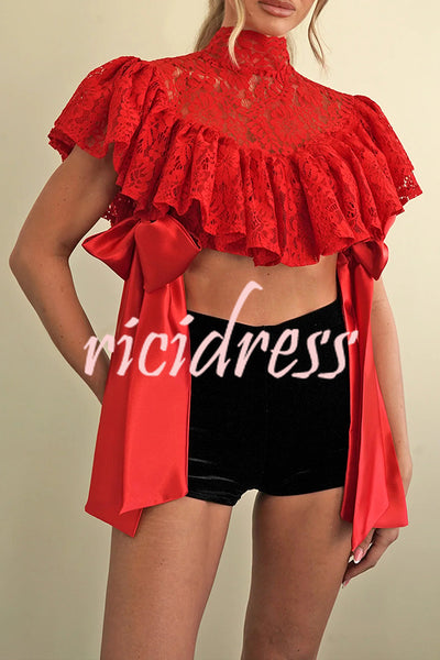 Clarissa Lace High Neck Side Tie-up Cascading Ruffles Cropped Cape Top