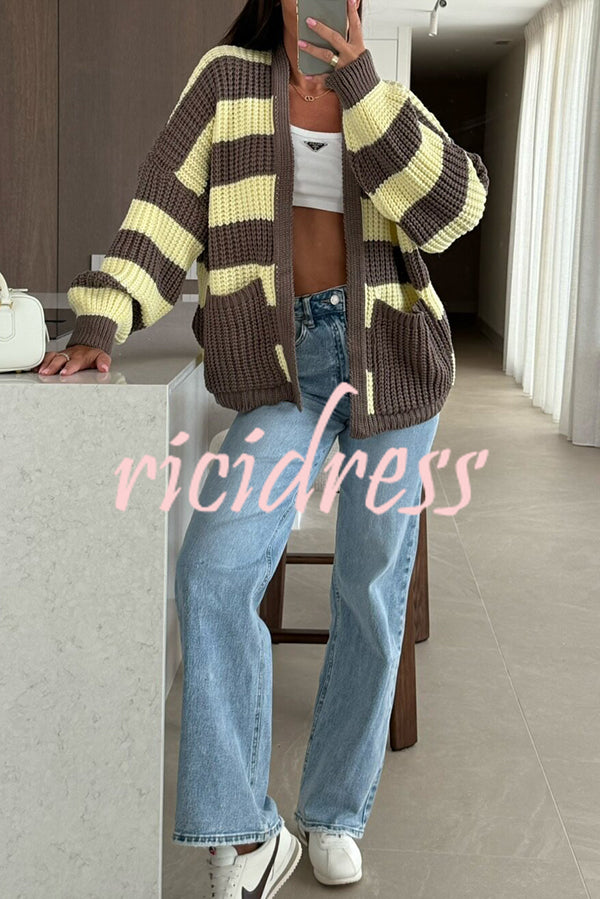 Fashionable Patchwork Striped Casual Pocket Knitted Sweater