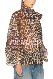 Arianne Chiffon Leopard Print Bow Neck Long Balloon Sleeve Loose Blouse