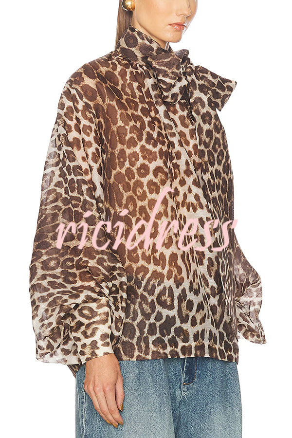 Arianne Chiffon Leopard Print Bow Neck Long Balloon Sleeve Loose Blouse