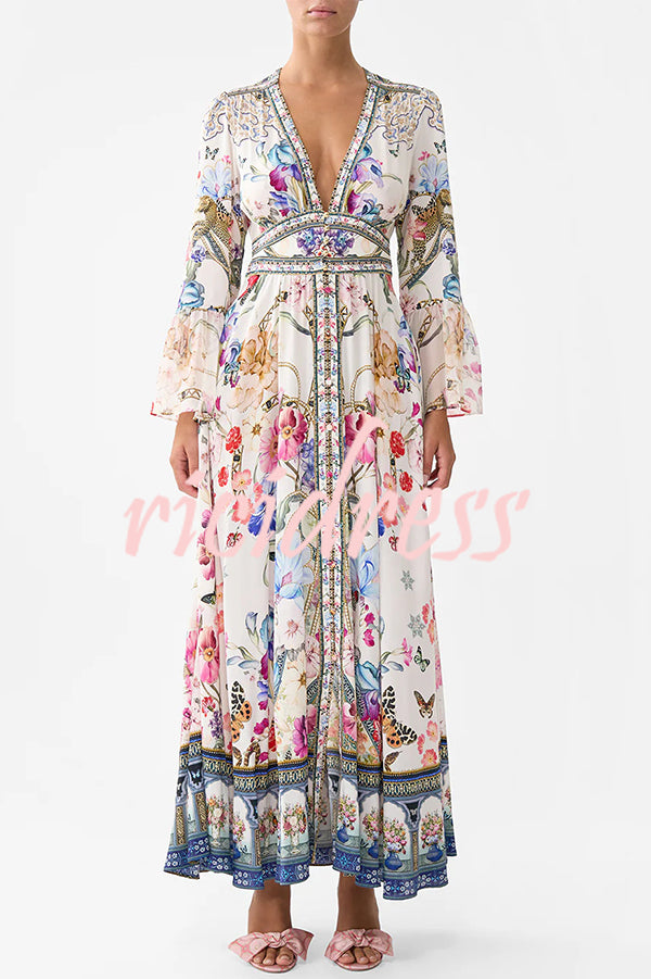 Fairy Tale Print V-Neck Lantern Sleeve Waist Maxi Dress