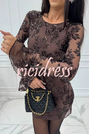 Deep and Dazzling Floral Texture Sequin Long Bell Sleeve Open Back Mini Dress