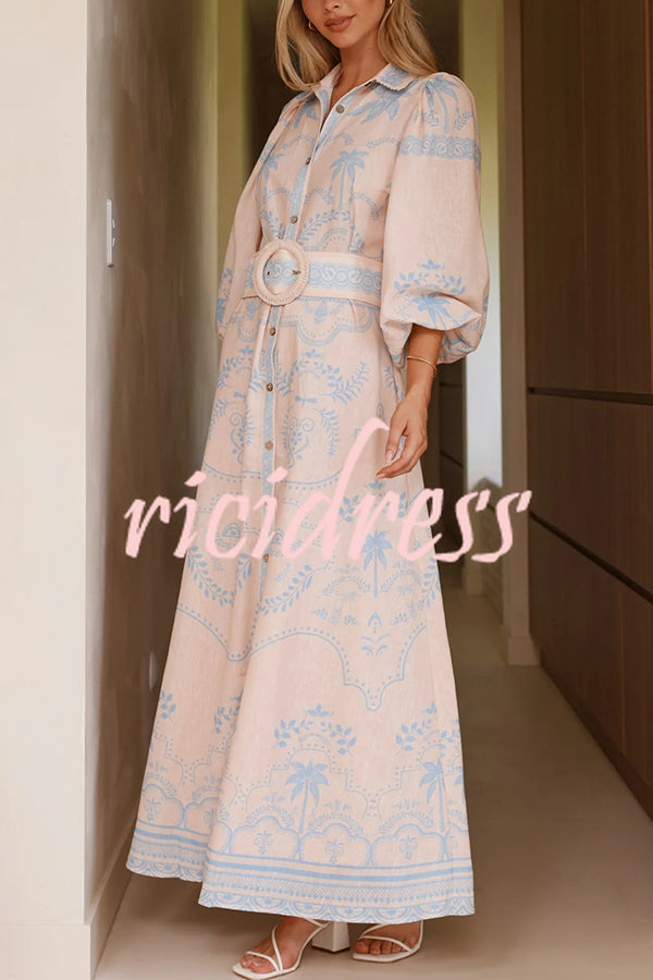 Linen Blend Lapel Puff Sleeve Casual Waist Belted Maxi Dress
