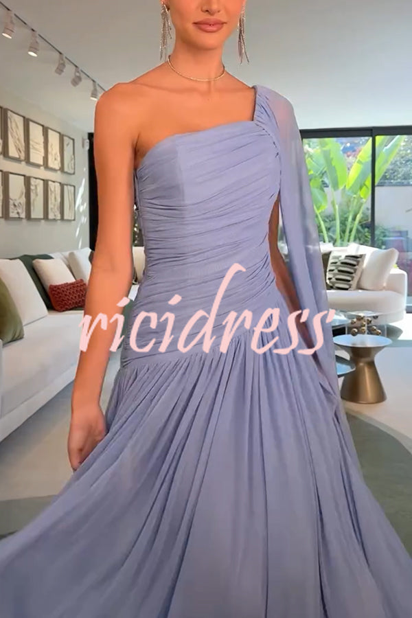 End of Light Chiffon One Shoulder Single-sleeve Shawl Ruched Maxi Dress
