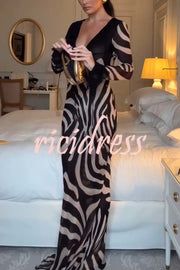 City Night Chiffon Colorblock Animal Print Tie-up Long Sleeve Maxi Dress