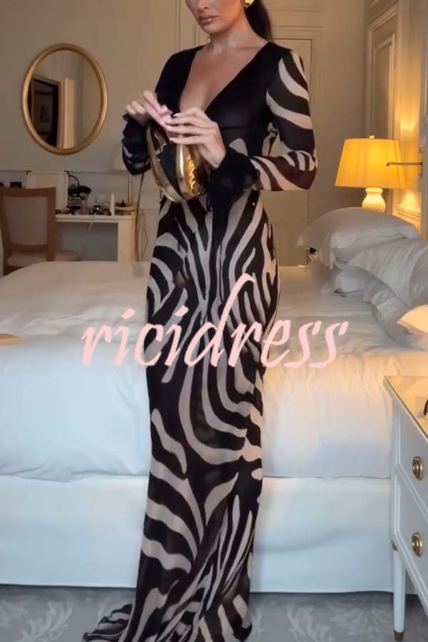 City Night Chiffon Colorblock Animal Print Tie-up Long Sleeve Maxi Dress