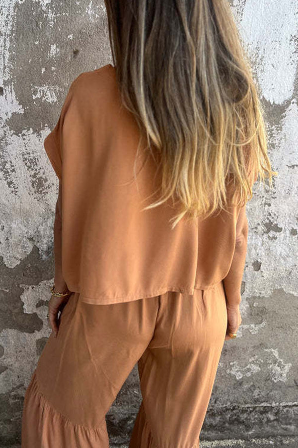 Solid Color Crew Neck Short-sleeved Casual Top and Elastic Waist Tie Pocket Wide Leg Pants Set