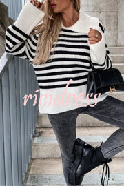 Irregular Lapel Contrast Striped Knitted Long Sleeved Sweater