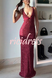 Festival Shines Sequin Beaded Mesh Bow Cutout Detail Slit Maxi Dress