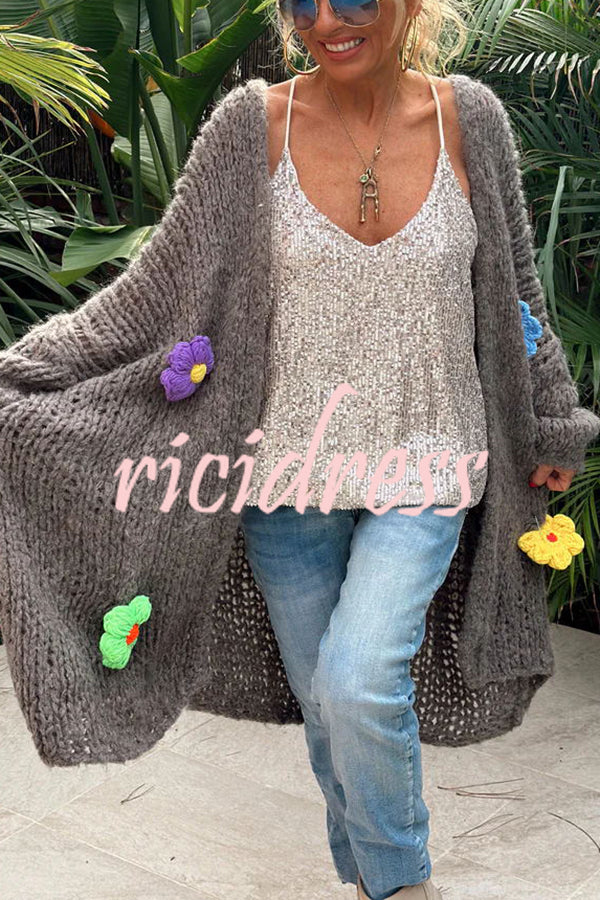 A Different Story Knit Hollow Out Multi Color 3D Flowers Oversized Midi Cardigan