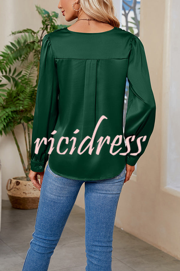 Satin Pleated V-neck Long-sleeved Loose Shirt