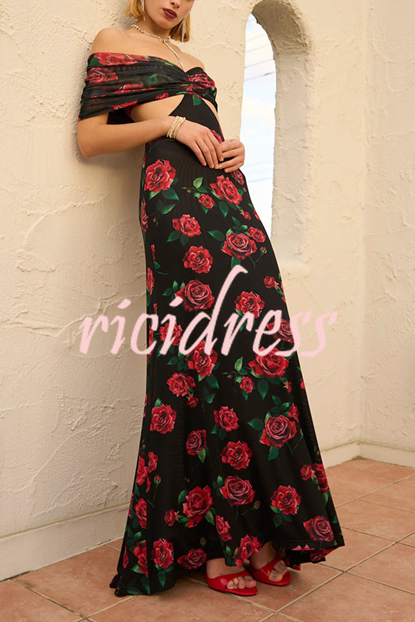 Rose Print Sexy Strapless Backless Slim Maxi Dress