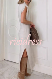 Solid Color Sleeveless Knitted Elegant Waist Midi Dress