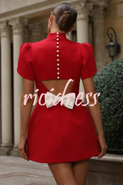 Sweet Moment Slit Short Sleeve Backless Removable Satin Bow Mini Dress