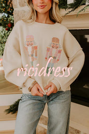 Nutcracker Nights Cross Stitch Knit Long Sleeve Loose Sweater