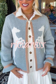 Stylish White Horse Pattern Casual Long-sleeved Knitted Cardigan