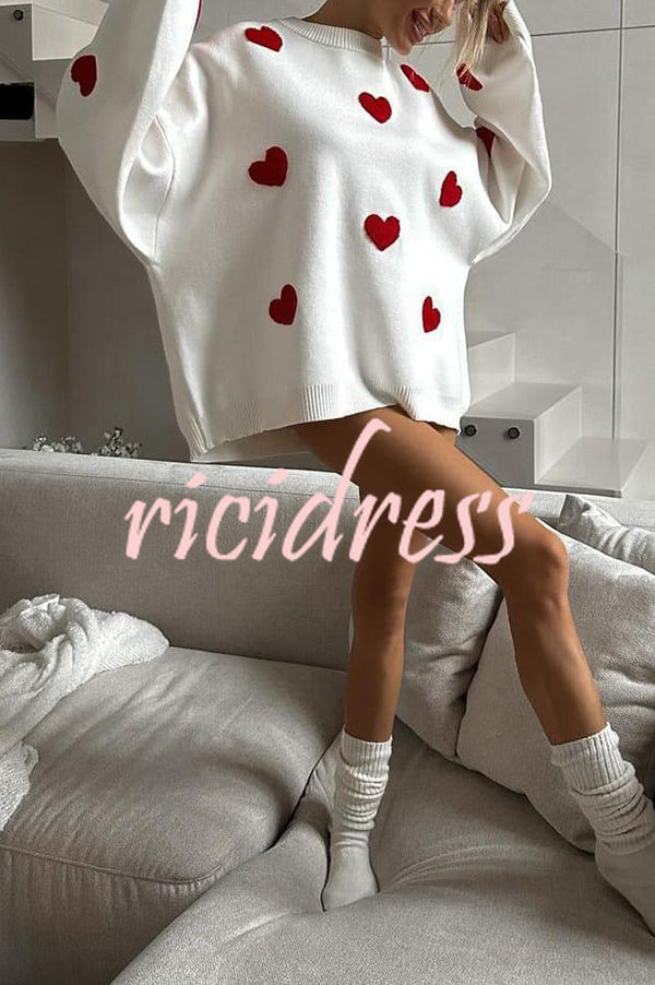 Fashionable Embroidered Love Loose Round Neck Long Sleeve Knitted Sweater